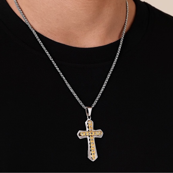 Men’s Two-Tone Cross Pendant Necklace with CZ Stones – Stainless Steel Chain - Picture 2 of 9